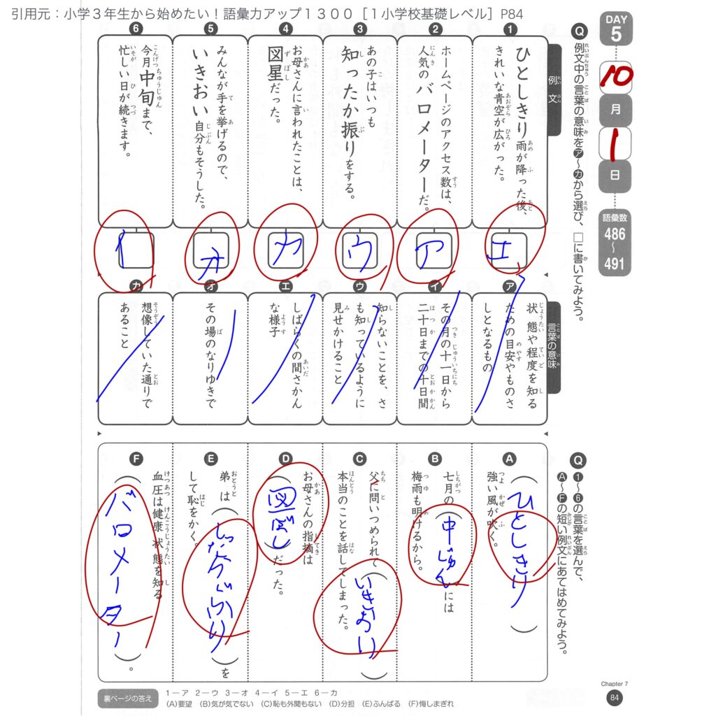 語彙力アップ１３００の我が家の学習例です。