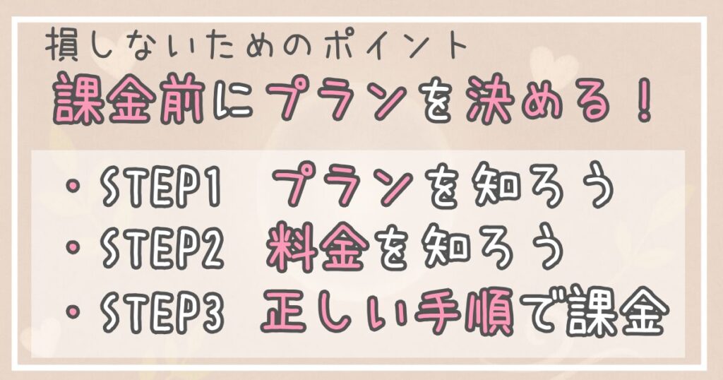 損しないためのポイントは、課金前にプランを決めること。ステップ1はプランを知る、ステップ2は料金を知る、ステップ3は正しい手順で課金する。