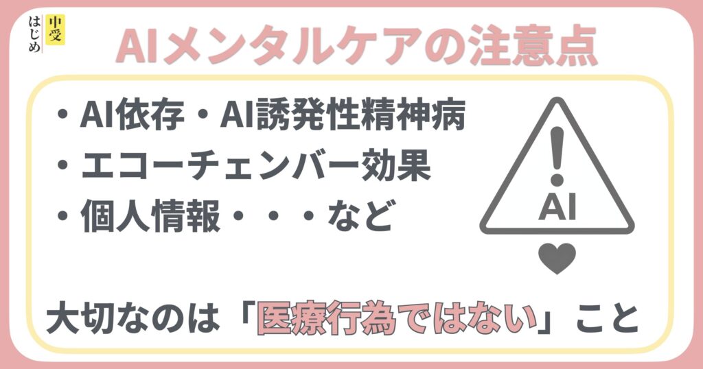 AIメンタルケアの注意点
・AI依存、AI誘発性精神病
・エコーチェンバー効果
・個人情報